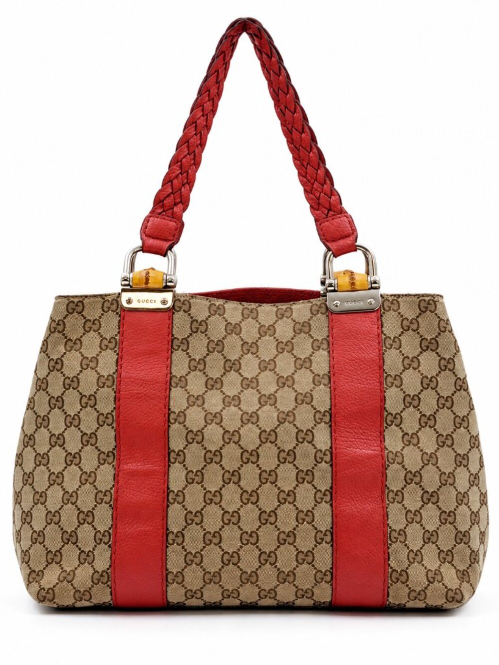 Gucci GG Monogram Canvas Orange Leather Braided Handle Tote Bag